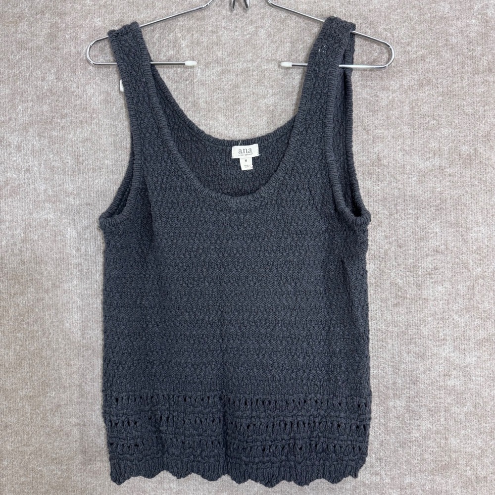 a.n.a Knit Tank Top Womens Medium Gray Cotton Crochet Hem Boho Casual